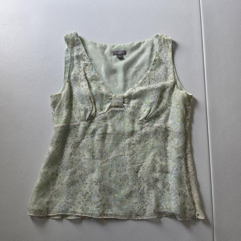 Y2K Ann Taylor Tank Top Womens 2P Green Silk Floral V Neck Bow Cami Fairy Whimsy